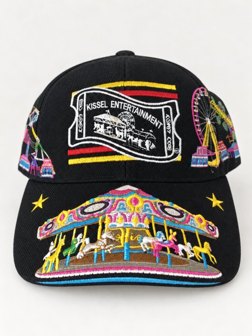 Kissel Entertainment Carnival Hat Black Embroidered Rides Carousel Ferris Wheel